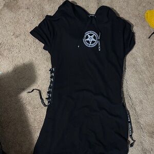 Black Hooded Dress with Lace-Up Sides